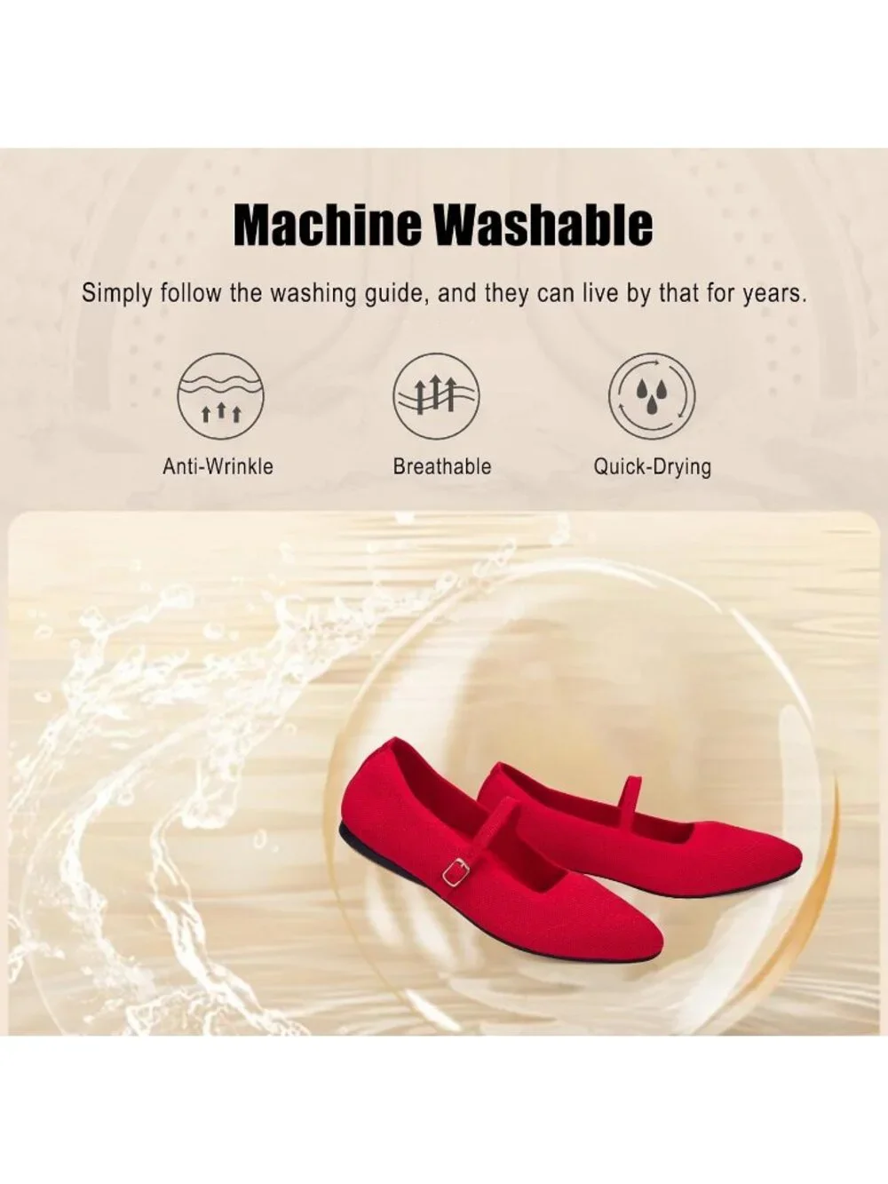Women's Red Rubber Knit Square Toe Ballet Flats With Strap Comfortable Shoes